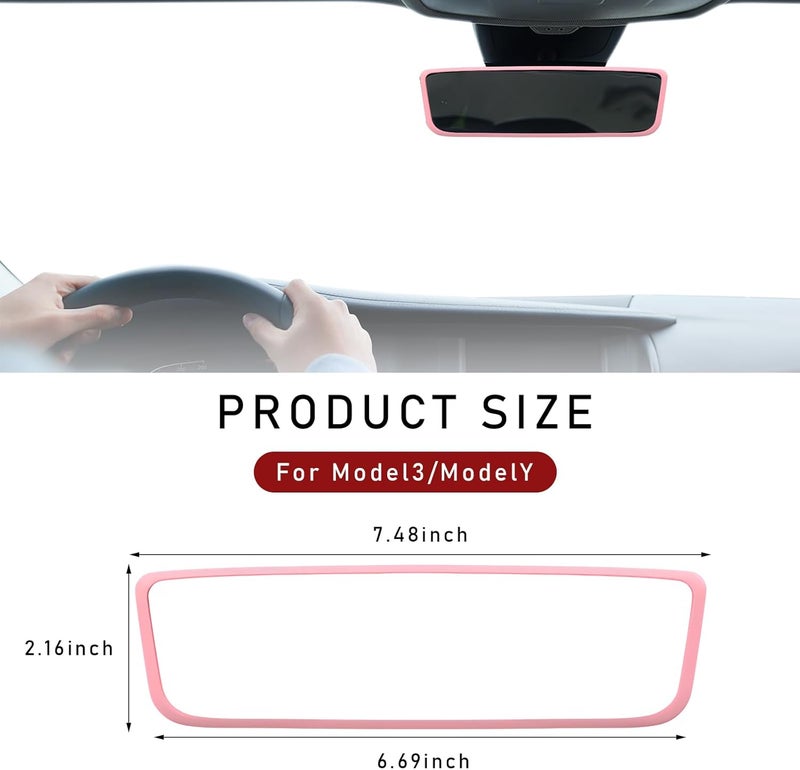 Wevdn Rear View Mirror Protector Frame, Silicone Car RearView Mirror Cover Compatible with Model 3 and Y, Auto Interior Decoration Gifts, Car Accessories (Pink) - Image 2